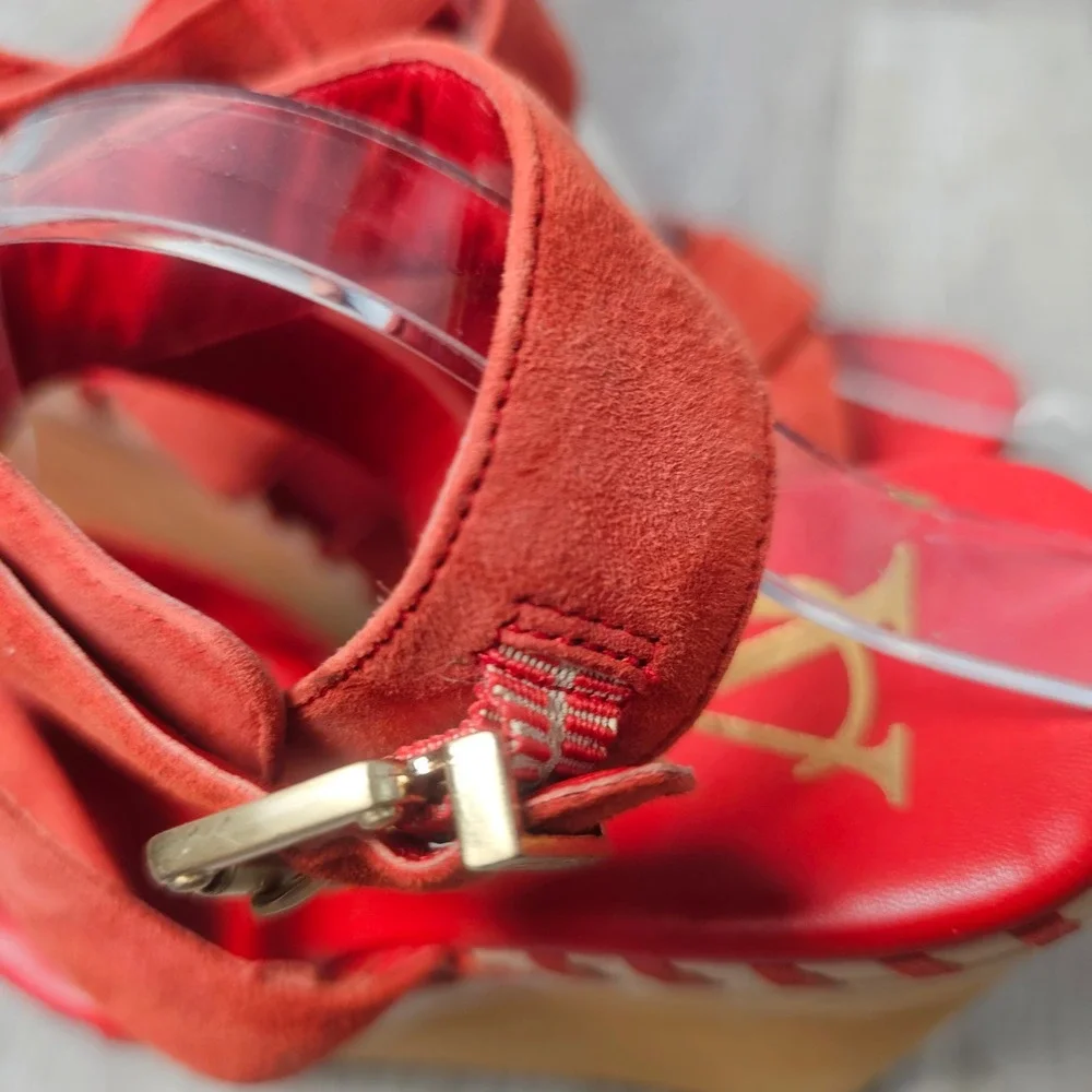 VC Signature Lene Wedge Sandals Women 8.5 Red Suede Wood Platform 70s Boho